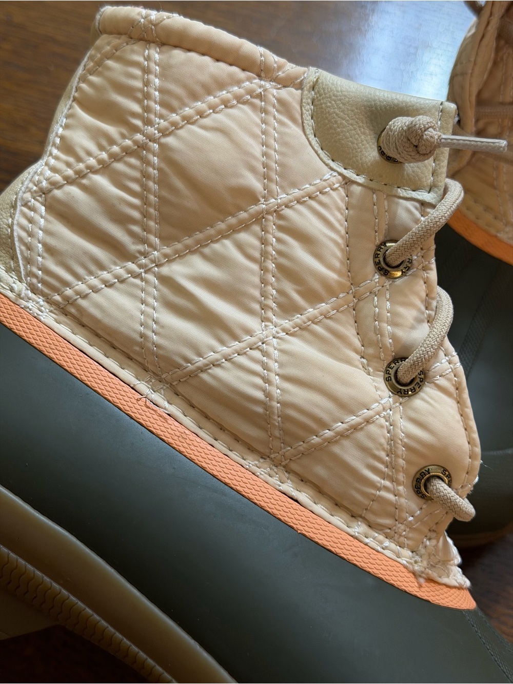 Sperry Olive & Tan Quilted Duck Boots with Coral Accents - Picture 5 of 9